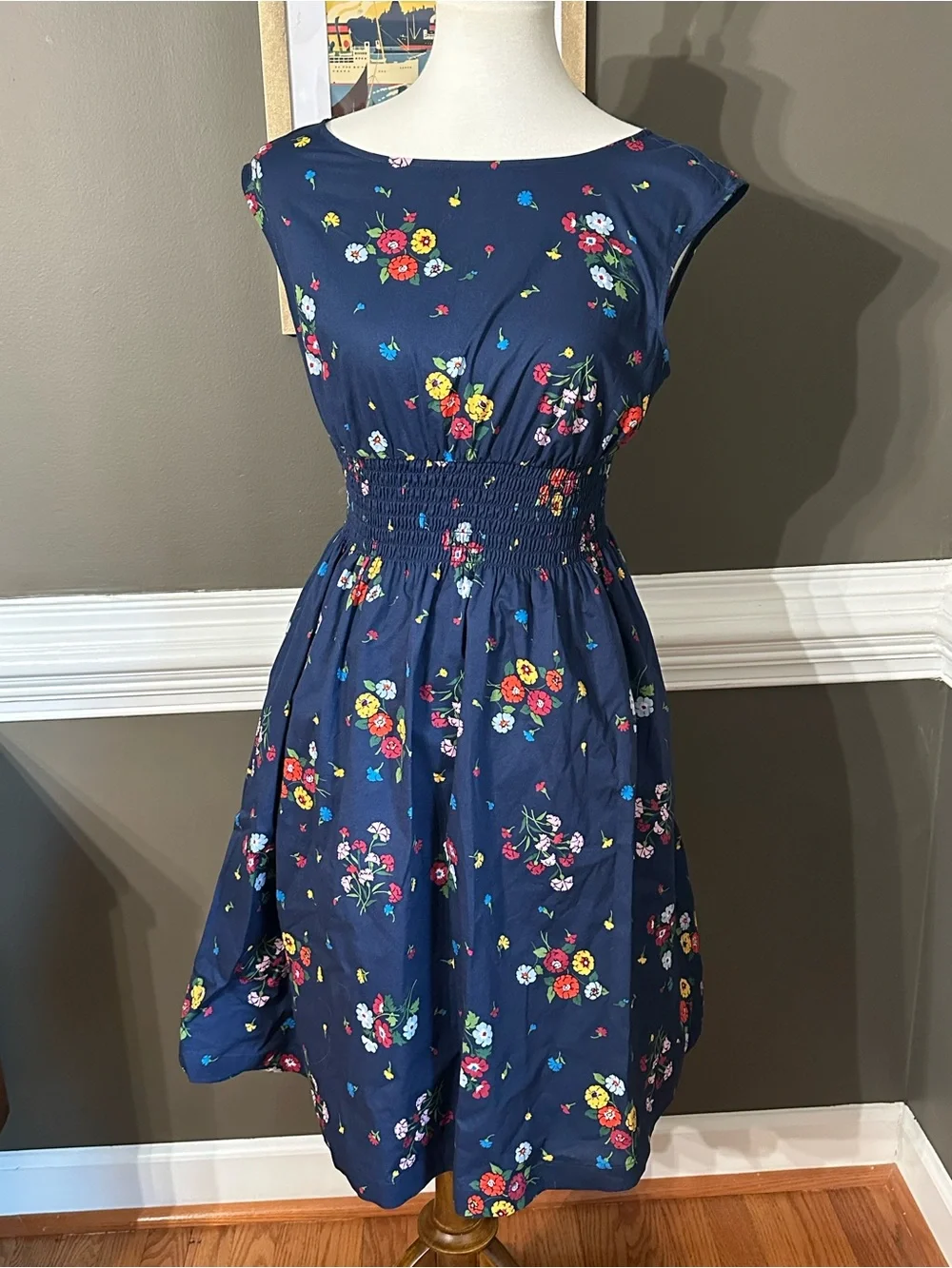 Kate Spade NY Navy Floral Smocked-Waist Sundress. Size S